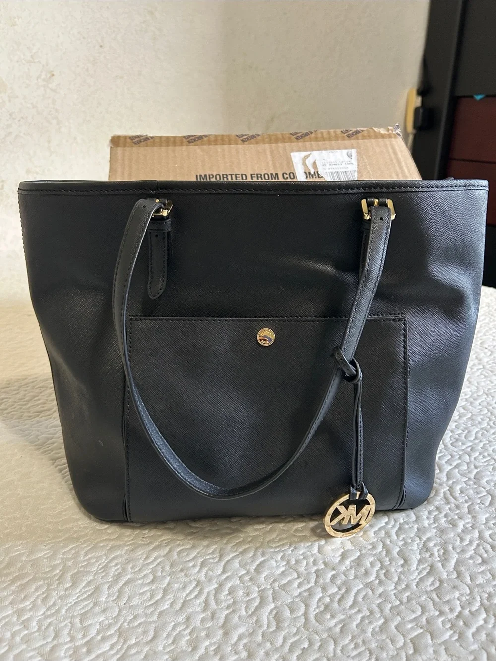 Michael Kors Black Saffiano Tote with MK Logo Charm